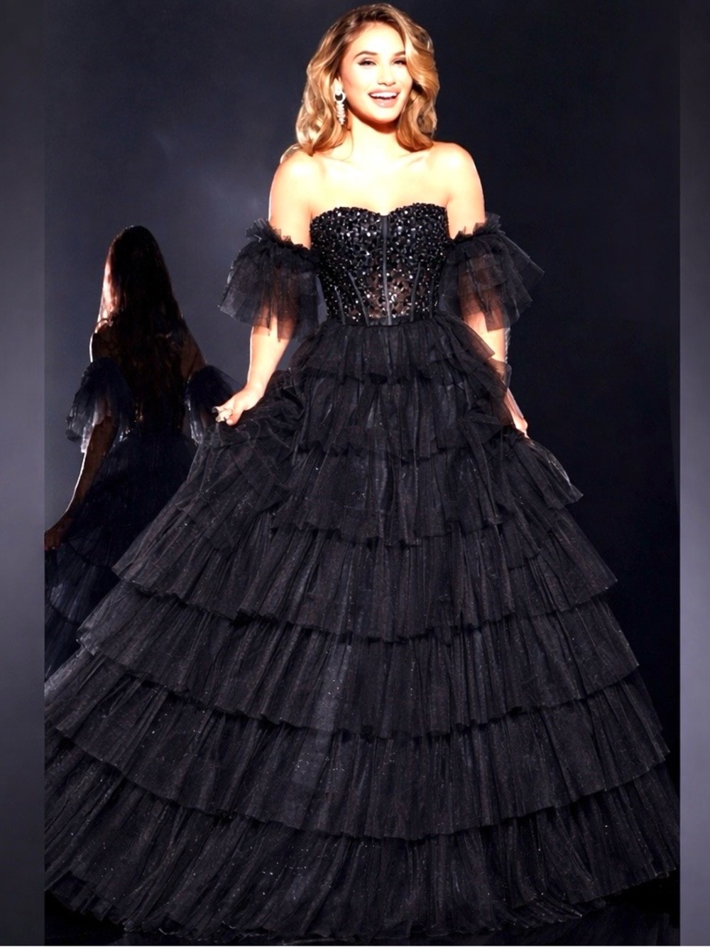 Jovani Tiered Tulle Ball Gown With Beaded Corset Bodice 42249A black size 10
